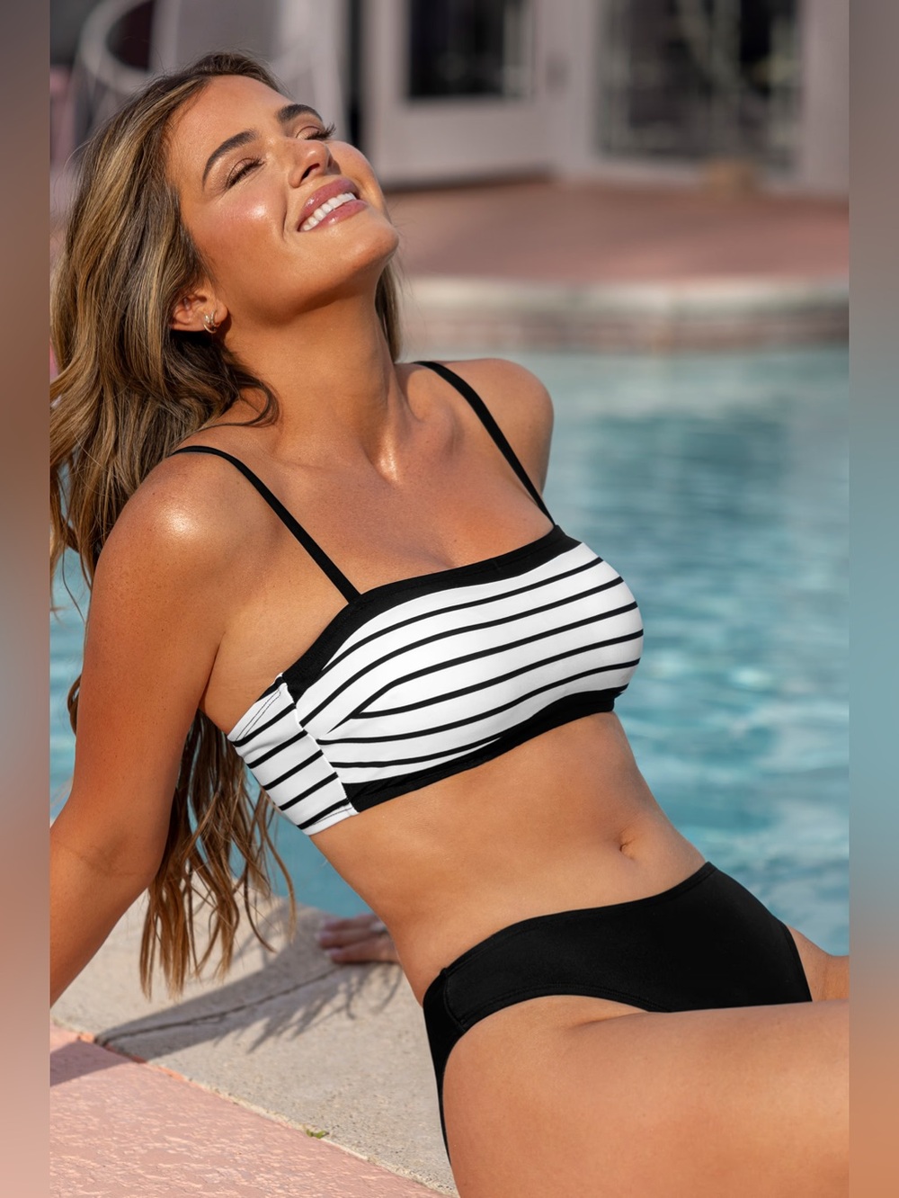 Cupshe Black & White Striped Bandeau Bikini top